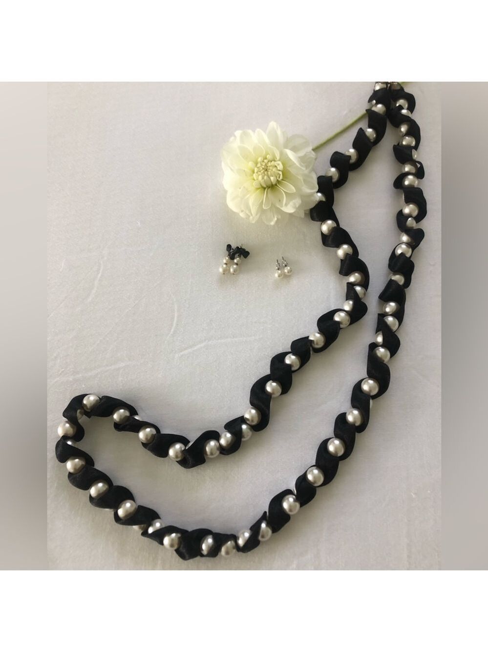 Black Ribbon and White Pearl necklace